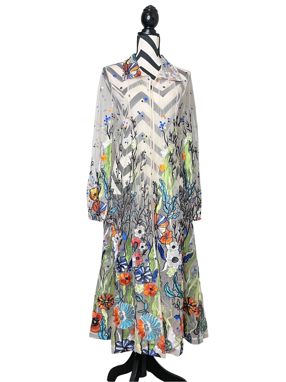 Adore Intricate Floral Embroidered Whimsigoth Sheer Mesh Long Duster Sz M